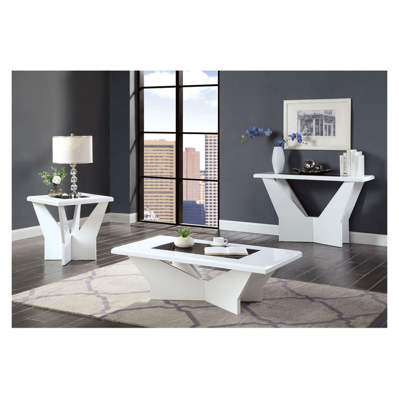 Table basse contemporaine blanche à haute brillance avec base géométrique et plateau en verre trempé