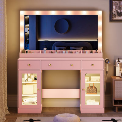 Bureau de coiffeuse avec prise de courant, miroir éclairé, coiffeuse à maquillage avec grand tiroir de rangement, armoire et panneau pliable