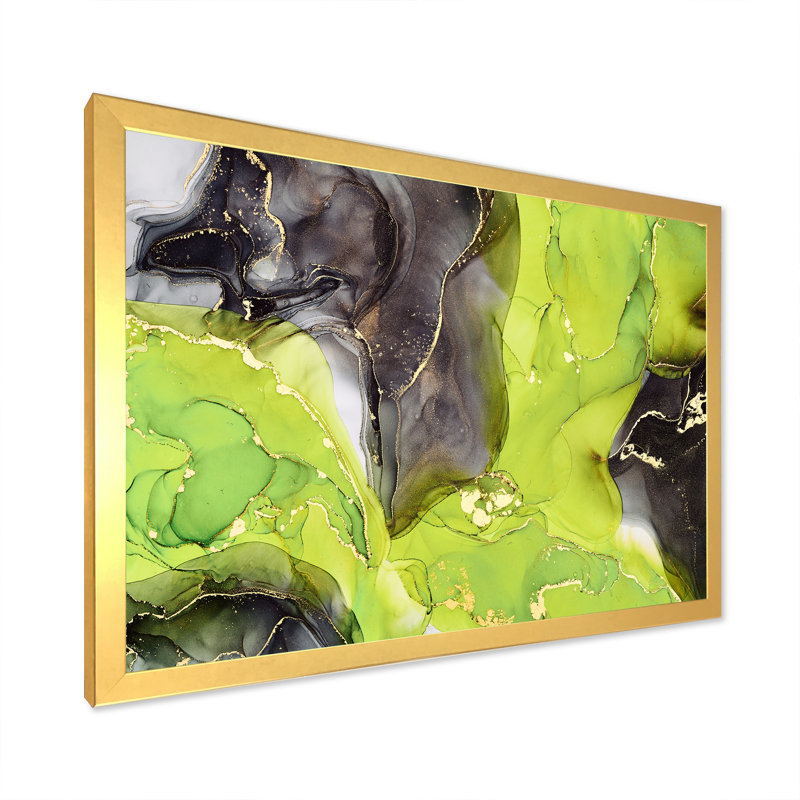 «Green and Black Luxury Abstract Fluid Art I», peinture sur toile, H 30 po x l 40 po x P 1,5 po, Encadrement doré