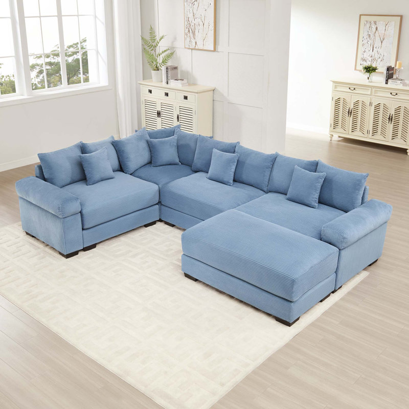 Canapé modulaire surdimensionné en velours côtelé avec 4 repose-pieds et 13 coussins décoratifs Modern, Bleu