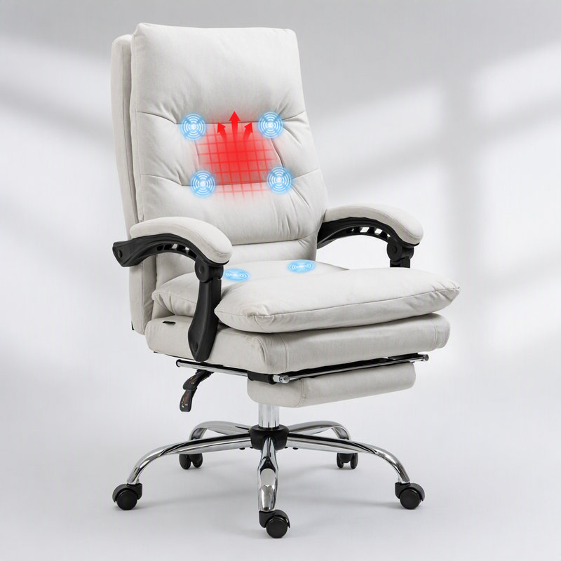 Fauteuil de bureau massant Vinsetto en microfibre avec dossier inclinable chauffant, repose-pieds, rembourrage double couche, roulettes pivotantes, blanc crème