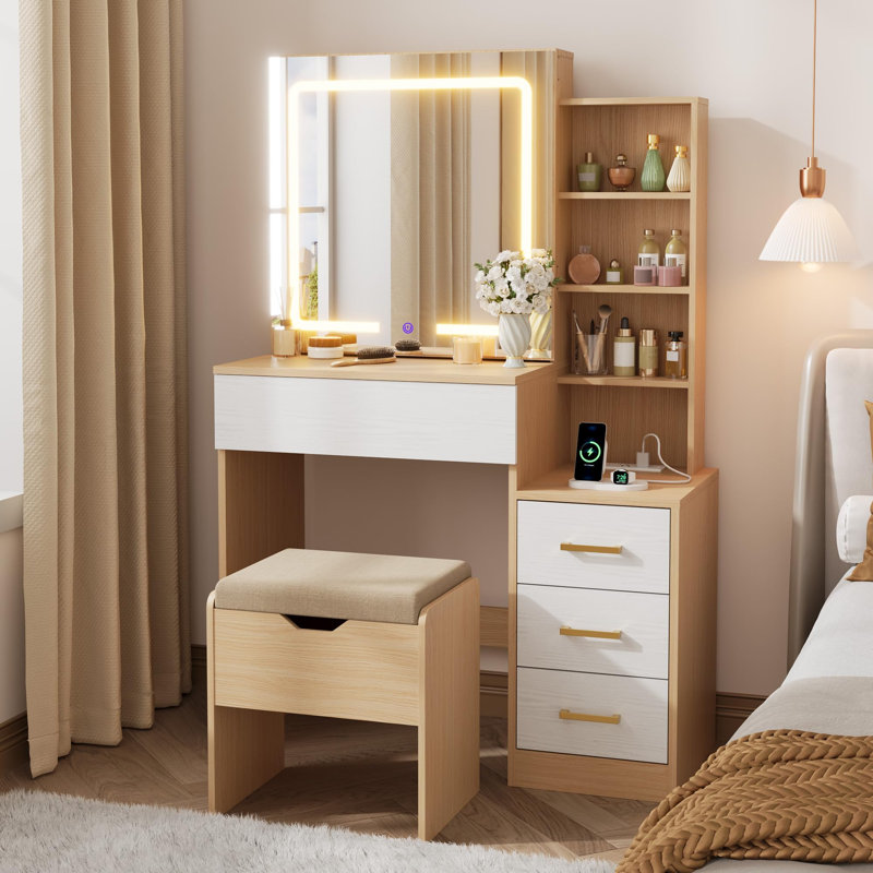 Vanity Desk with Sliding Mirror and Lights, Modern Makeup Vanity Table with 4 Drawers and 7 Storage Shelves, Dressing Table with Stool and Charging Station, 3 Lighting Modes