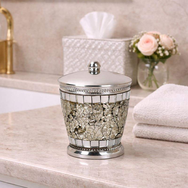 Pot de coiffeuse Oneita | Rangement élégant pour les cotons-tiges, les balles, les éponges et les sels de bain | Pot décoratif pour salle de bain, chambre à coucher |  Mosaïque de glace