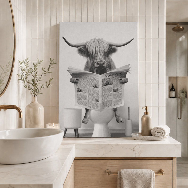 Impression sur toile encadrée, animaux, drôle, salle de bain, vache Highland, Toile tendue, H 18 po x l 12 po, Sans cadre