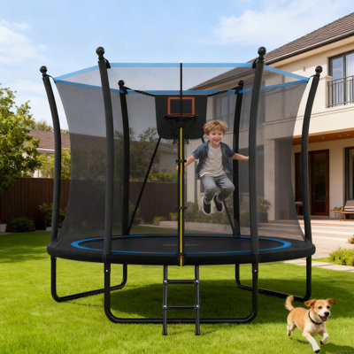 8FT Trampoline with Enclosure net and Ladder, Outdoor Trampoline for Kids and Toddlers, Backyard Recreational Trampoline，Black+Blue