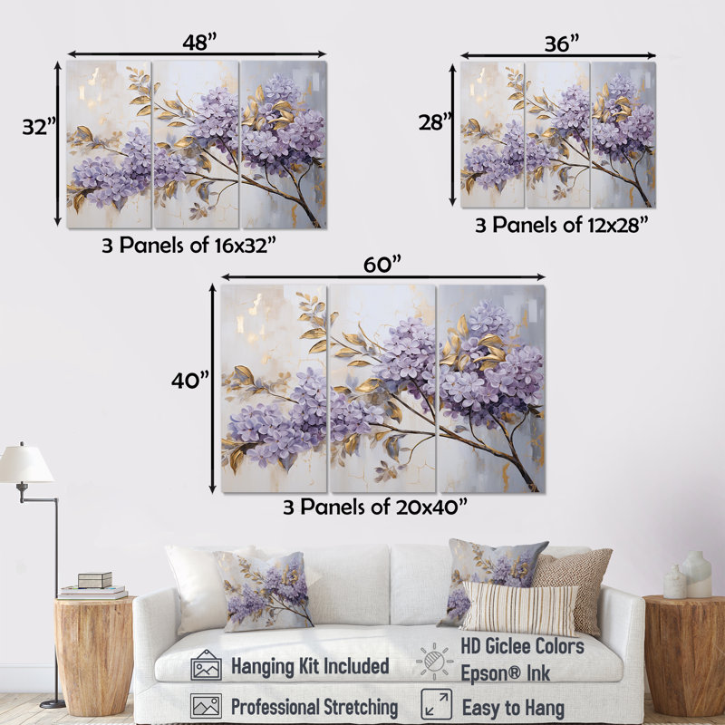 Pastel Lilac Dreams I - Ensemble de décorations murales lilas, H 32 po x l 48 po x P 1 po