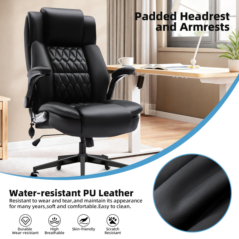 Heavy Duty PU Leather Ergonomic Executive Office Chair With Adjustable Lumbar, Black