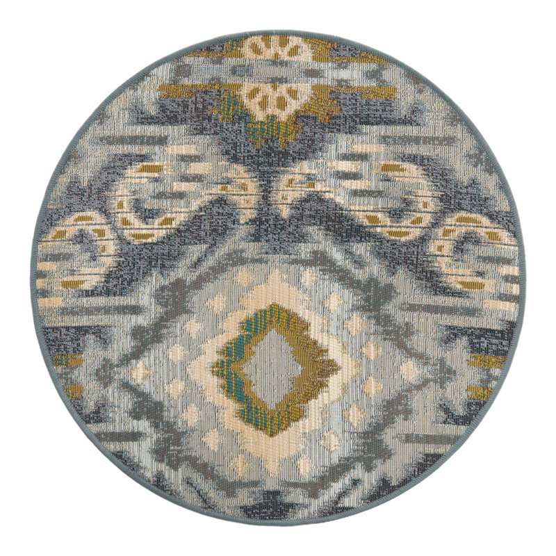 Tapis intérieur / extérieur bleu / gris Newt Ikat, Rond 2 pi 7 po