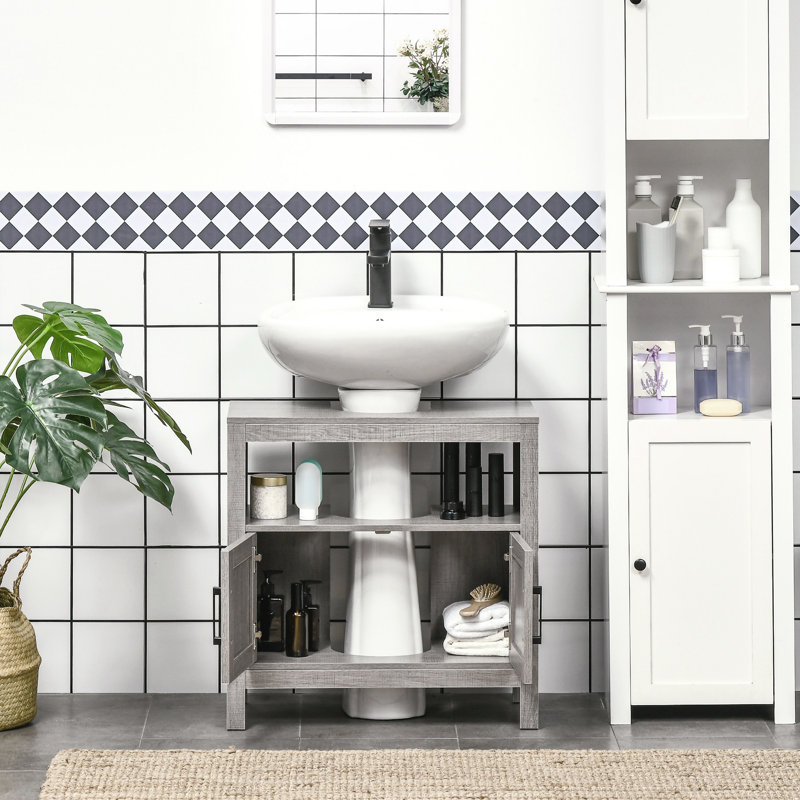 Rangement pour lavabo de salle de bain avec 2 portes et tablette, meuble-lavabo gris