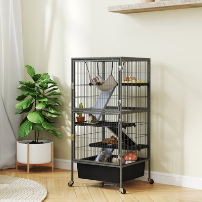 45 Inch Small Animal Cage, 4-Tier Rolling Ferret Chinchilla Rabbit Cage with 6 Inch Deep Slide-Out Tray, Platforms, Hammock, for Bunnies, Ferrets, Chinchillas, Squirrels, Gray