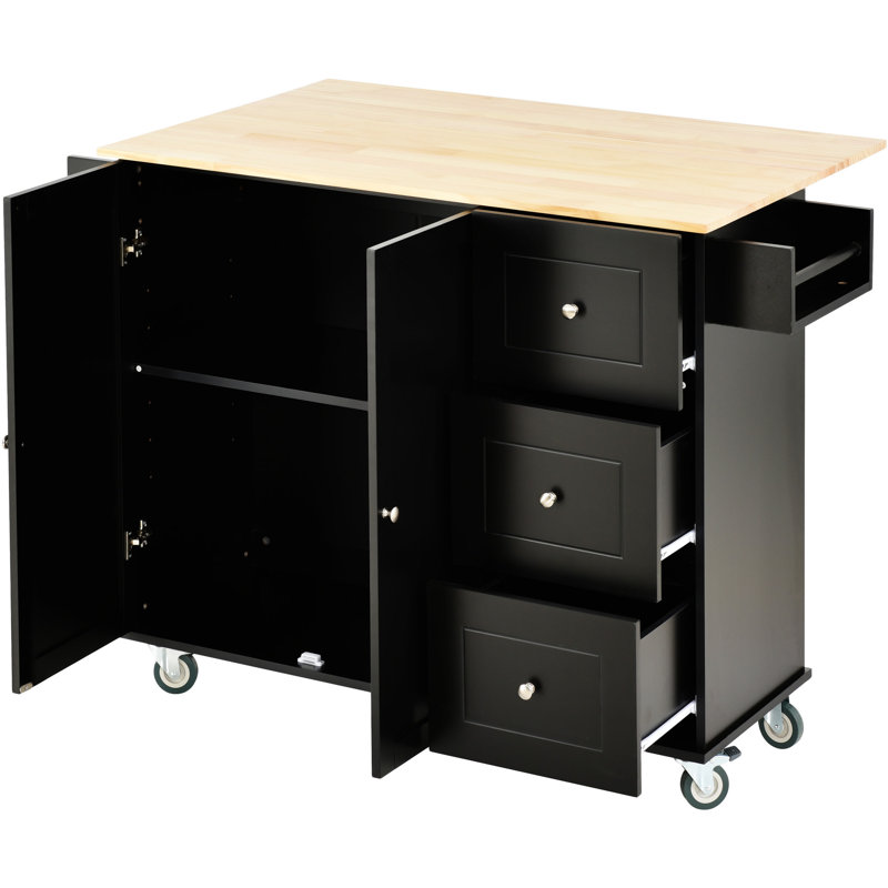 Rolling Mobile Kitchen Island With Drop Leaf - Solid Wood Top(No Include Stool), Black