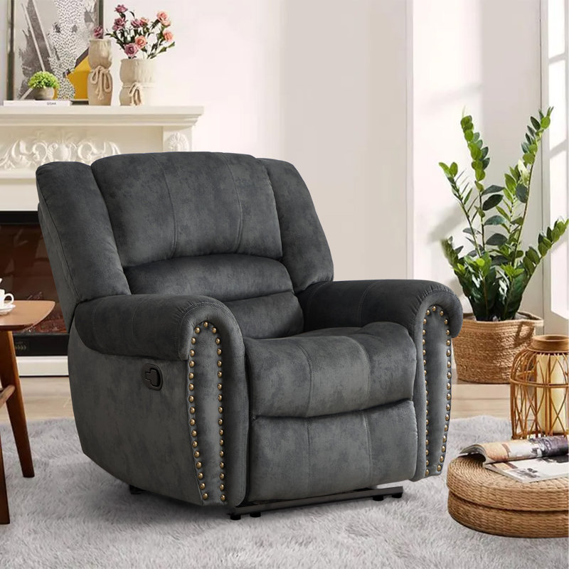 Chemika 40.9'' W Classic Super Soft Padding And Oversize Manual Recliner With Rivets, Smoke Gray Performance Microfiber