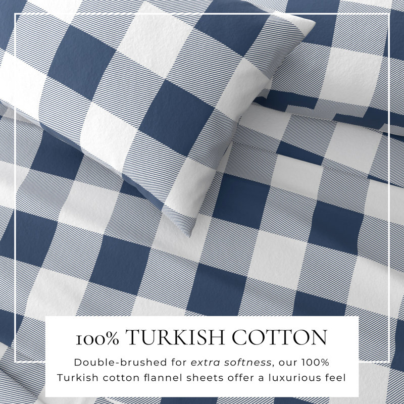 Queen Navy Buffalo Check Cotton Flannel Sheet Set