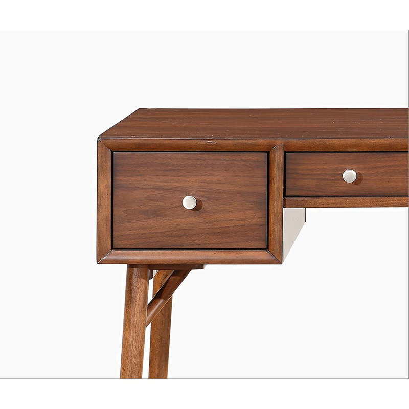 Bureau de style moderne à hauteur de comptoir avec tiroirs de rangement à finition brune et quincaillerie à poignée en nickel