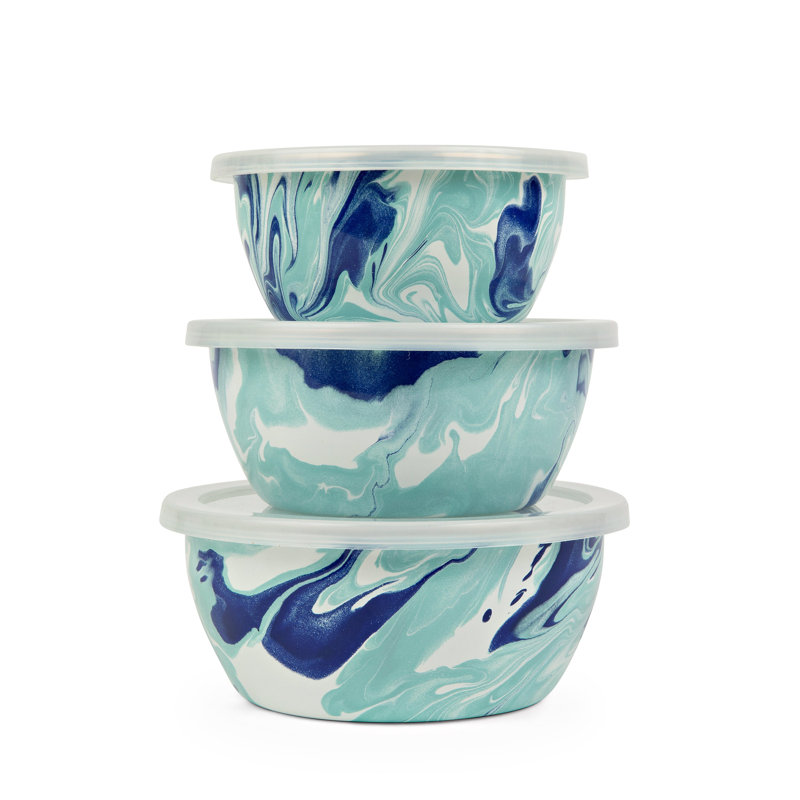 Golden Rabbit Enamelware Lagoon Set of 3 Nesting Bowls with Lids