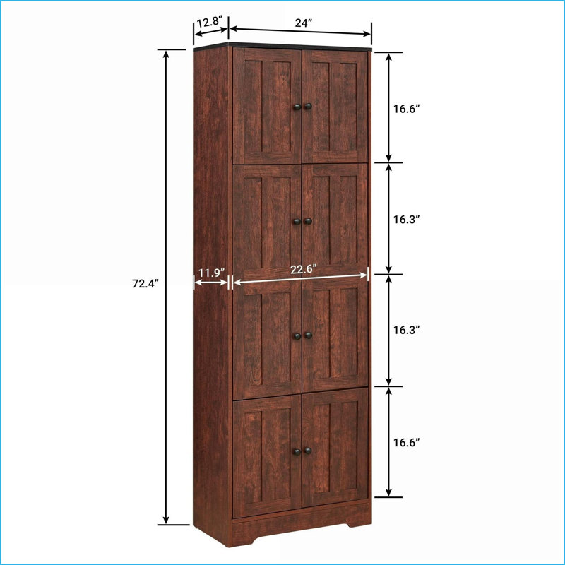 Armoires, grand rangement moderne en bois d'ingénierie brun noyer avec 8 portes 4 tablettes, L 24 po x l 12,8 po x H 72,4 po | Panneau de fibres à densité moyenne | Salon