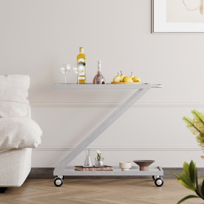 Modern Silver Bar Cart With Safe Tempered Glass And Robust Iron Construction, 18.83Inw Elegant Rolling Heavy-Duty Base,