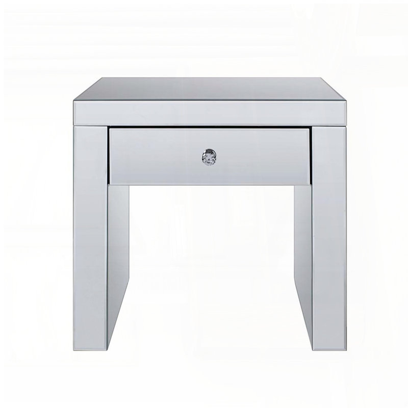 Table de bout en miroir avec incrustation de faux diamants et tiroir