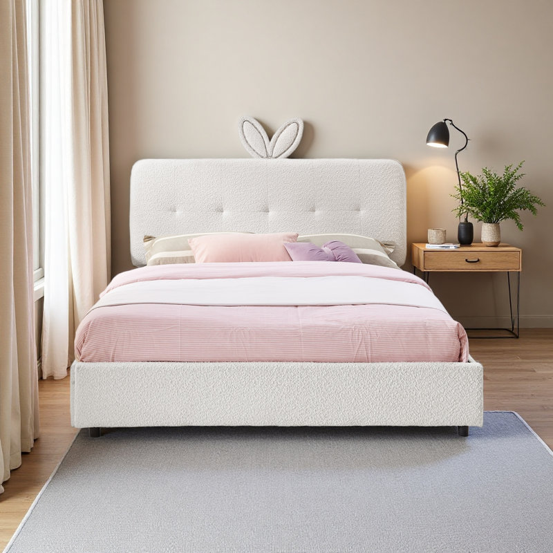 Kids Upholstered Bed With Oversized Rabbit Ear Headboard, LED Light & 4 Storage Drawers, Boucle Fabric, Beige, Queen