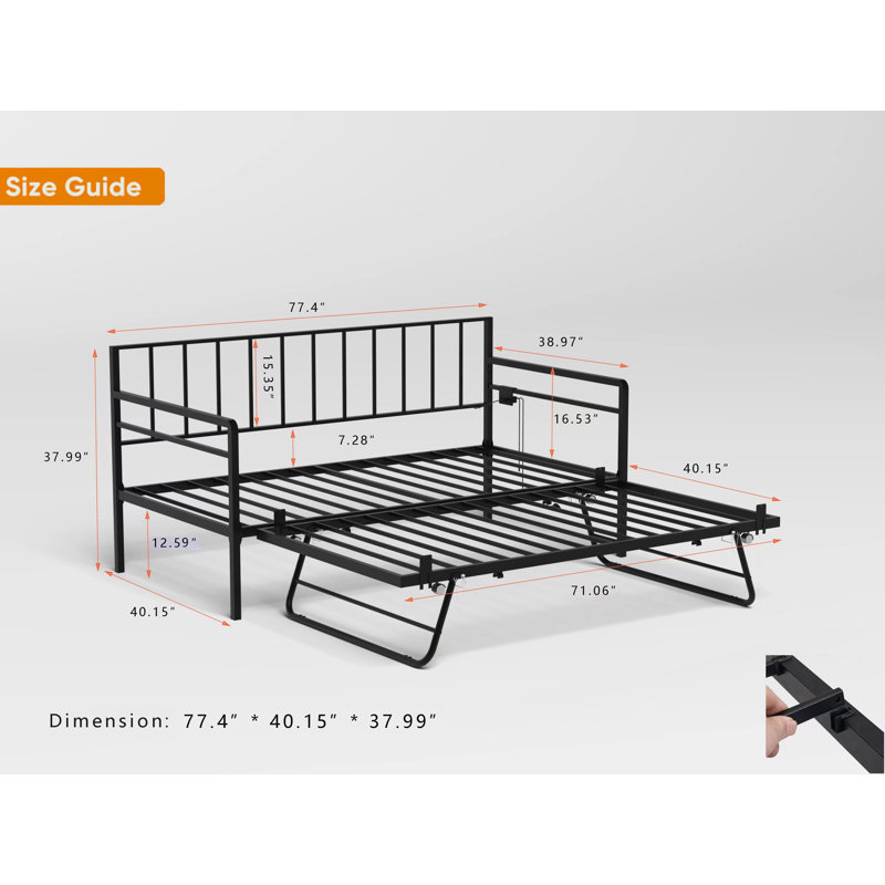 Lit de jour simple avec éclairage DEL, station de charge et rangement peu encombrant, matelas non inclus, Pull-Out Trundle