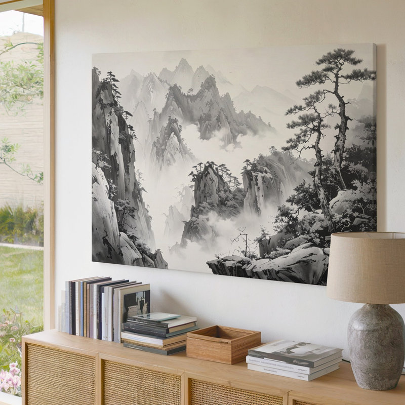 Toile, encre de Chine, paysage de montagne et brume, art mural, H 30 po x l 40 po