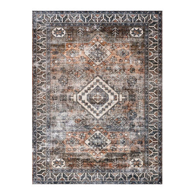 Machine Washable  Gray Brown Toned Ethnic Patterned Woven Base Modern Decorative Rug