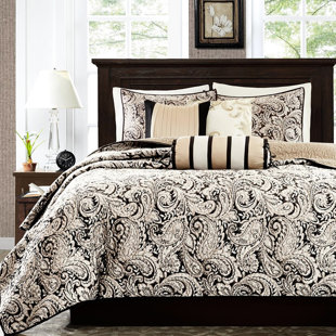 Black Full/Queen 6 Quilt With Throw Pillows - Stunning Quilt, , Microfiber Reverse, Cotton Filled For Elegance, Embroidered Pillows, Washable 6 Piece Gorgeous Decorative Embroidery,