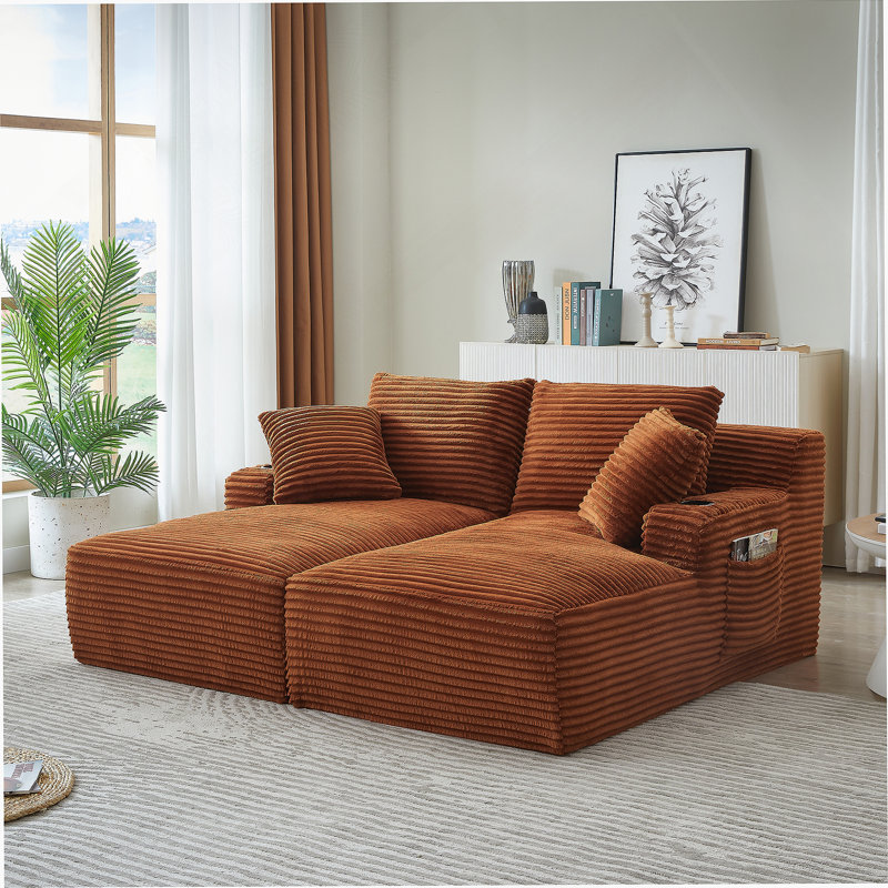 Compressible Double Chaise Lounge With Cupholders - No Assembly Required, Fluffy Modern Sleeper Loveseat For Indoor Living Room Bedroom Reading