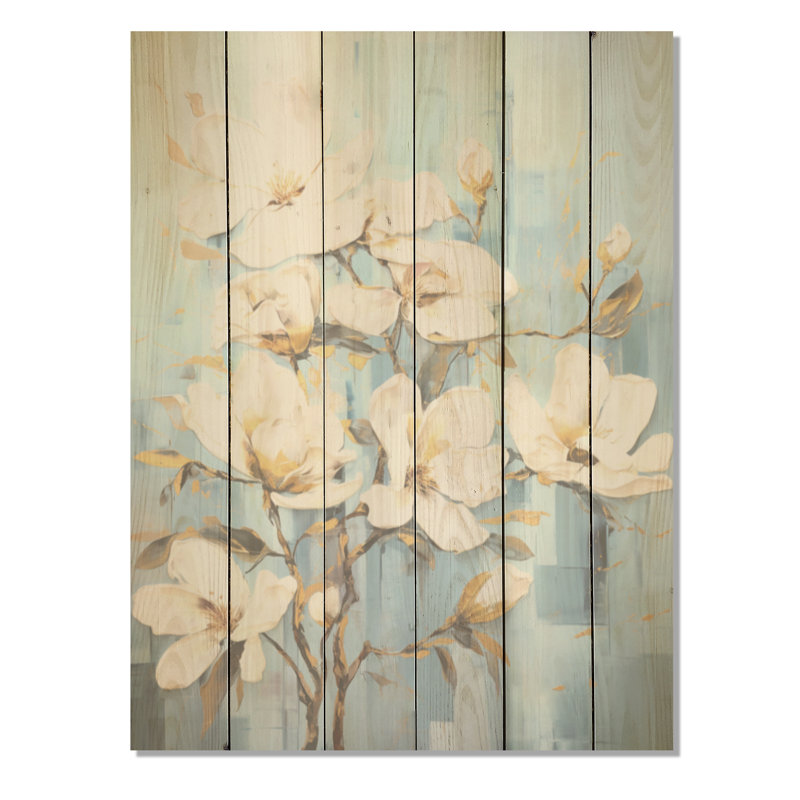 Fleur de magnolia blanche et bleue - Art mural en bois de magnolia sur bois de pin naturel, H 40 po x l 30 po