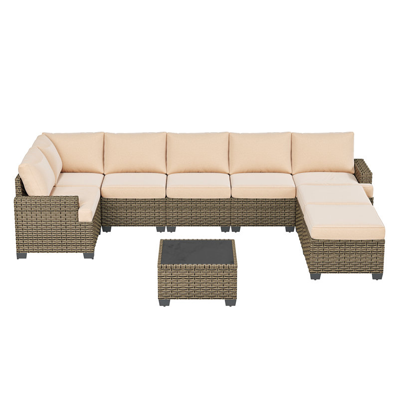 Ensemble de conversation de patio en osier 9 pièces, ensemble de conversation modulaire avec coussins et table basse, Beige
