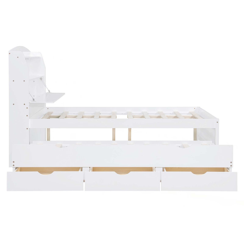 Lit plateforme en bois avec lit gigogne et tête de lit à DEL avec tiroirs, Lit double, Blanc