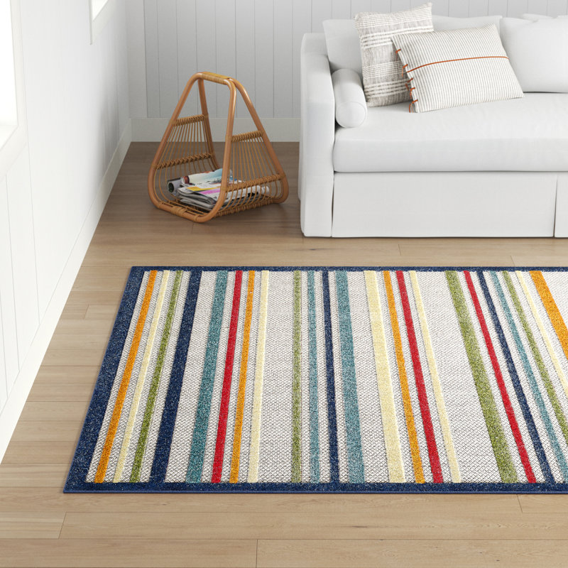 Tapis intérieur / extérieur rayé rouge / bleu / jaune Zaïre, Rectangle 5 pi 3 po x 7 pi