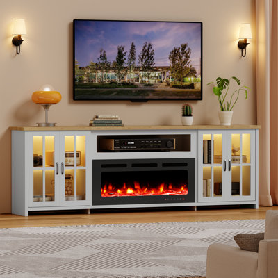  97" Fireplace Tv Stand With Electric Fireplace, Large Farmhouse Tv Stand Fortvs, Led Lights & Adjustable Shelves, Entertainmentcenter For Living Room