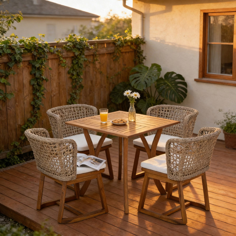 Ensemble repas d'extérieur 5 pièces avec table et 4 chaises à dossier en osier avec coussins