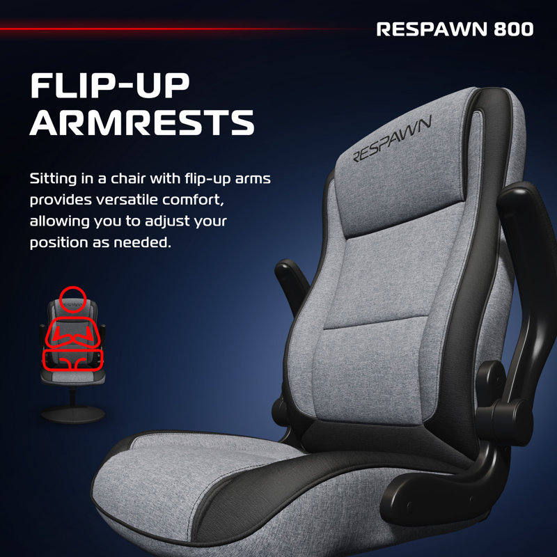 RESPAWN 800 Swivel Rocker Gaming Chair - Ergonomic Floor Gaming Seat with Lumbar Support, Flip Up Armrest, High Back, Pedestal Base, Comfortable No Wheels Console Video Game Rocker Chair - Gray Fabric