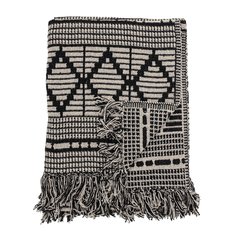 Bloomingville Black & Beige Diamond-Patterned Cotton Blend Throw with Fringe