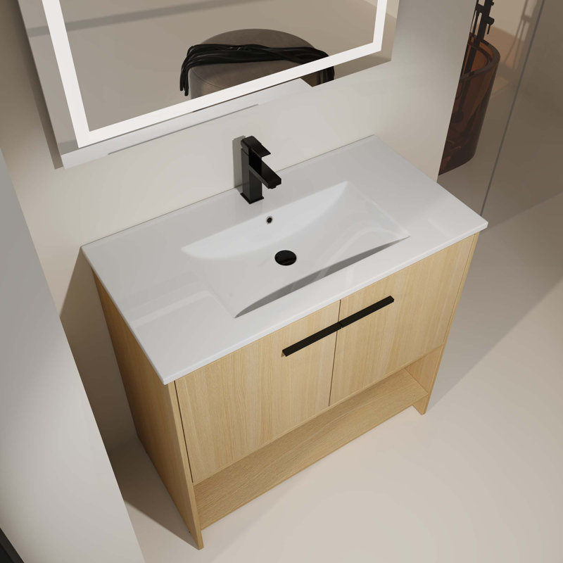 Meuble-lavabo de salle de bain avec lavabo en céramique, 2 portes à fermeture douce, meuble-lavabo autoportant, contreplaqué