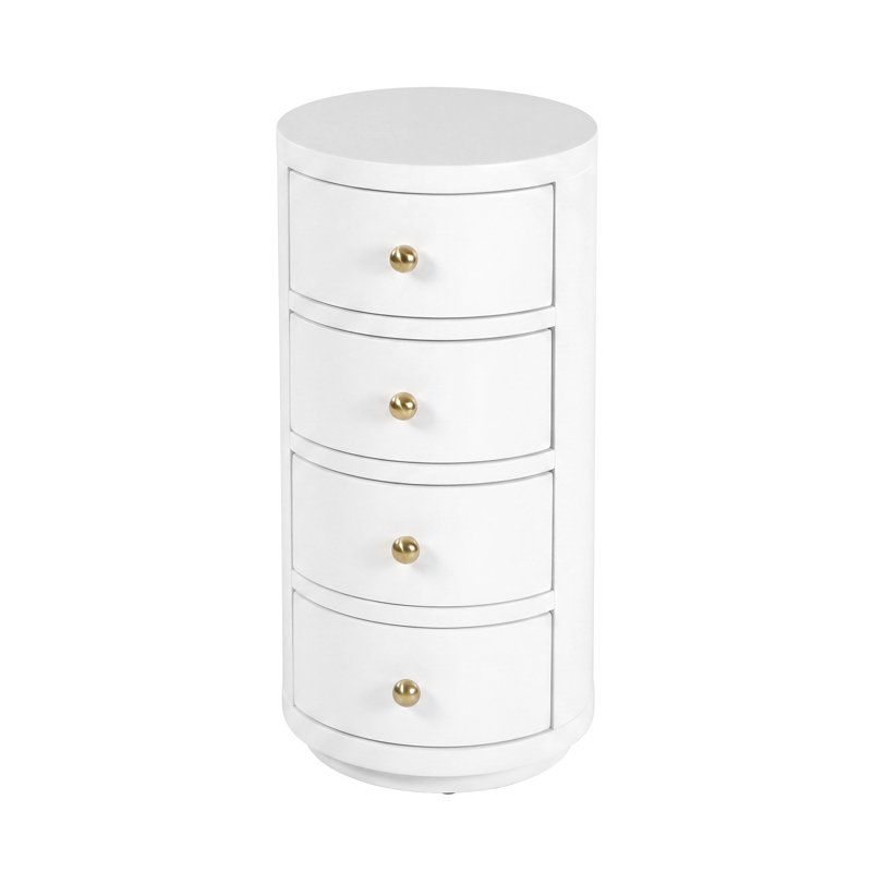 Nora Table de bout ronde à 4 tiroirs en bois blanc lisse, Blanc lisse