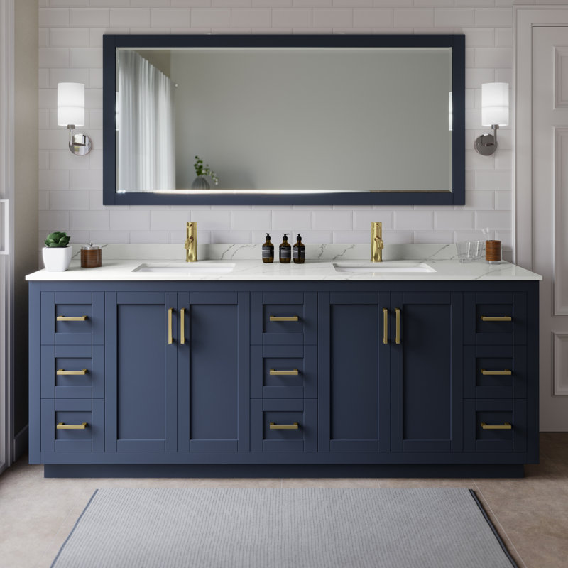 Miranda 84" Freestanding Double Bathroom Vanity with Quartz Top, Giotto Quartz, Dark Blue, Brushed Gold