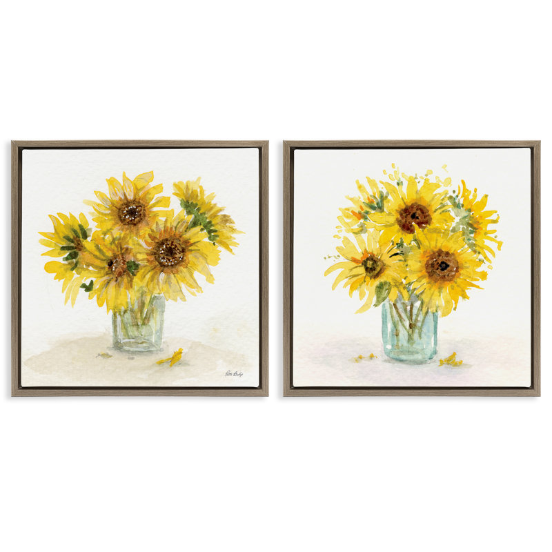 «Sunflower Bouquet Jar», ensemble de 2 toiles flottantes encadrées par Paul Brent, Cadre flottant orme Montalcino