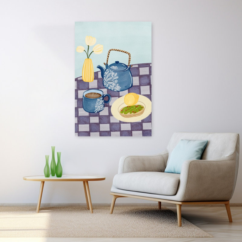 Art mural fleuri bleu, théière bleue