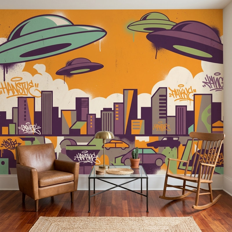 Papier peint UFOs, horizon urbain, graffiti amovible, art mural, Texturé non collé, 100 po x 96 po