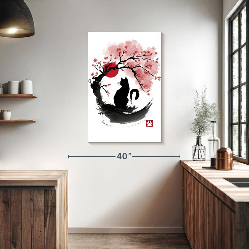 Brampt Sakura Cat Sumi-E, 39" H x 26" W