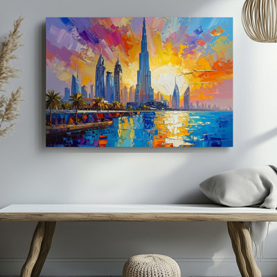 Dubai Sunset Burj Al Arab With Vibrant Mosaic Reflections Canvas Wall Art Ready To Hang Gallery Wrapped Home Decor Modern Design Decor