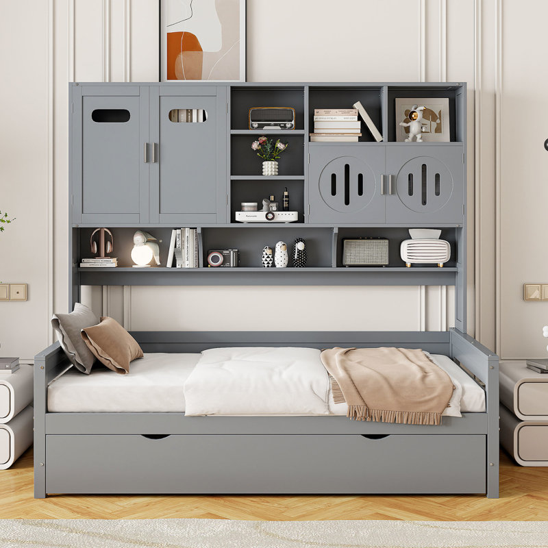 Lit de jour simple en bois gris avec lit gigogne et formation pratique, Lit simple, Gris