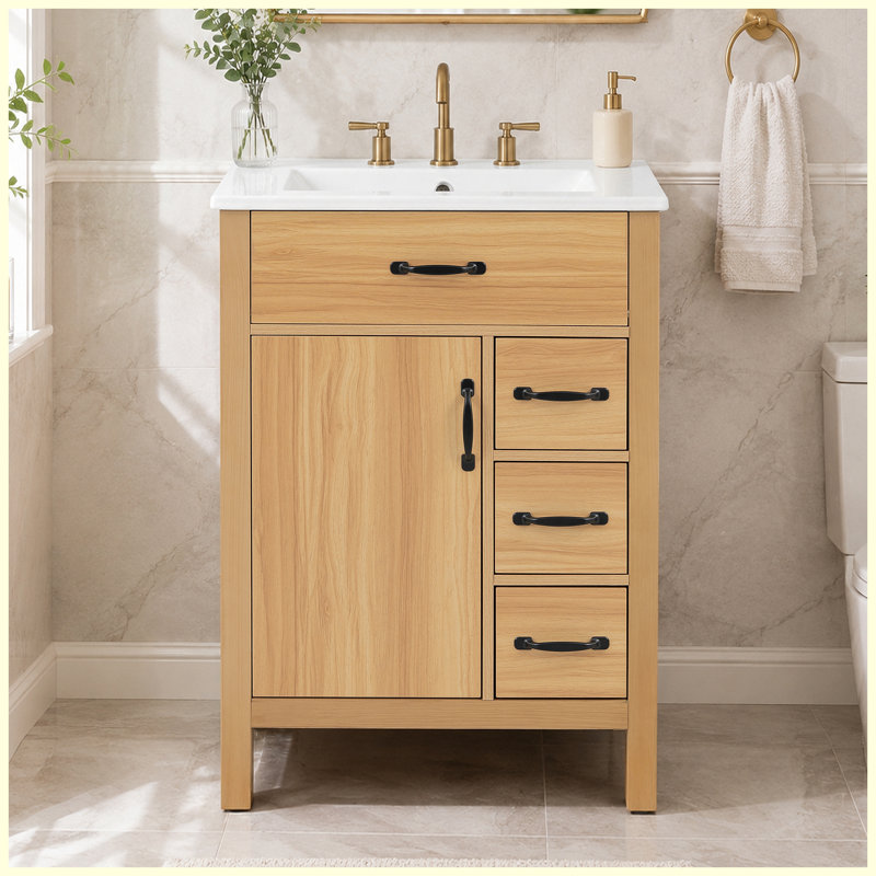 Meuble-lavabo de salle de bain moderne en bois massif 24 po avec rangement à fermeture en douceur, L 24 po