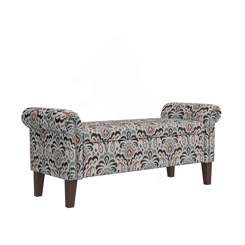 Banc avec rangement à accoudoirs roulés Traditional avec garniture cloutée et pieds en bois massif