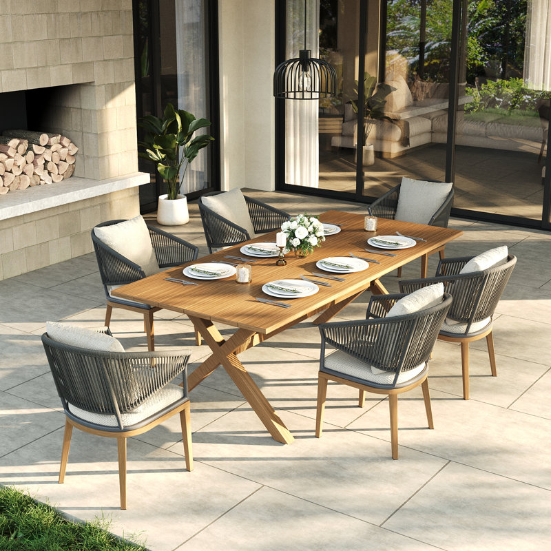 Ensemble repas extérieur pour 6 personnes avec coussins, Beige / bois brun / gris / brun, 6