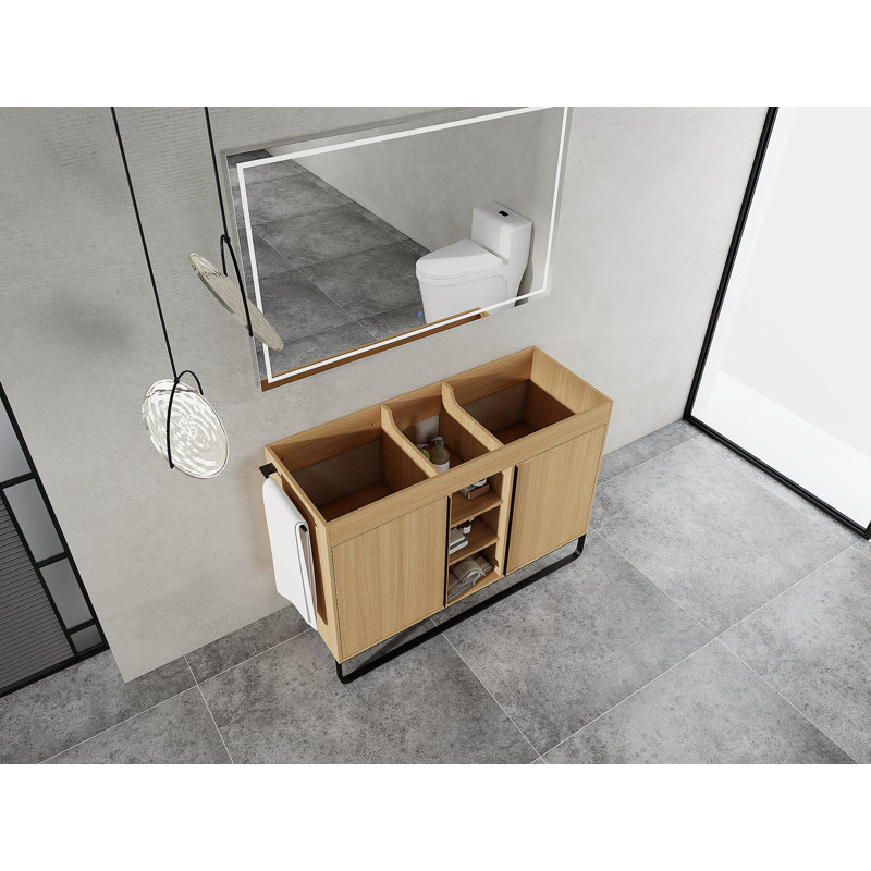 Armoire de salle de bain autoportante avec porte à fermeture douce et tablette de rangement ouverte
