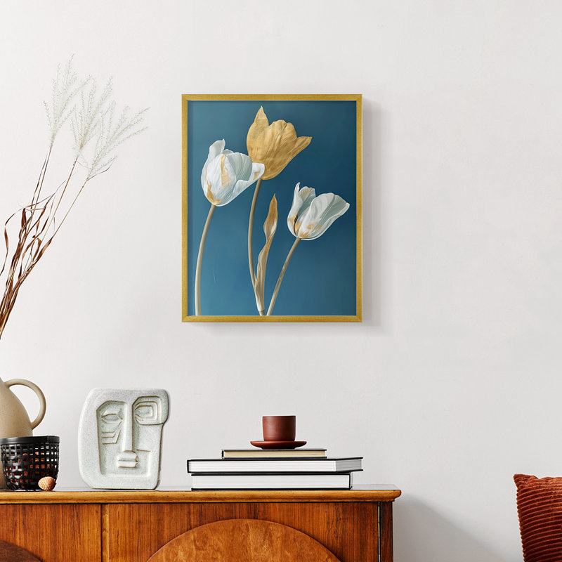 Série FLORAL CXLV - reproduction encadrée de qualité supérieure - prête à être accrochée - aucun clou requis, Or